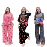 Women's Summer 2 - Piece Set | Casual Pink Squirrel Print T-Shirt & Long Pants Suit | Quick Dry Anti - Pilling Knitted Terry | Loose Fit Sports Set - Zeprah