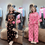 Women's Summer 2 - Piece Set | Casual Pink Squirrel Print T-Shirt & Long Pants Suit | Quick Dry Anti - Pilling Knitted Terry | Loose Fit Sports Set - Zeprah