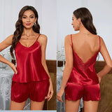 Women's Summer Casual Satin Knee Length Pajamas Set New Thin Short Sling Lace Shorts - Zeprah