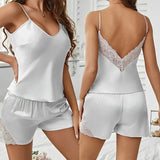 Women's Summer Casual Satin Knee Length Pajamas Set New Thin Short Sling Lace Shorts - Zeprah