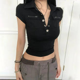 Women's Summer Compressed Cargo for Neck Shirt Zipper Pockets Solid Color Slim Fit Streetwear Top - Zeprah