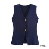 Women's Summer Fashion Gold Button Trim Knitted Vest Top Retro Sleeveless V - neck Elegant Casual Ladies Vest - Zeprah