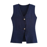 Women's Summer Fashion Gold Button Trim Knitted Vest Top Retro Sleeveless V - neck Elegant Casual Ladies Vest - Zeprah