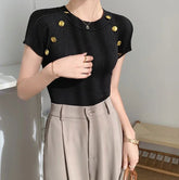 Women's Summer French Crew - Neck Short Sleeve T-Shirt Unique Design Striped Knit Crop Top - Zeprah