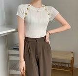 Women's Summer French Crew - Neck Short Sleeve T-Shirt Unique Design Striped Knit Crop Top - Zeprah