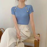 Women's Summer French Crew - Neck Short Sleeve T-Shirt Unique Design Striped Knit Crop Top - Zeprah