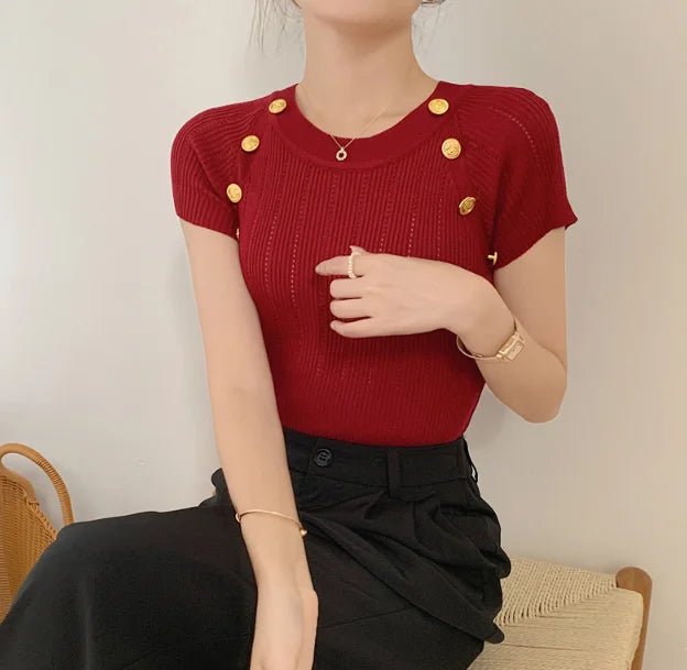 Women's Summer French Crew - Neck Short Sleeve T-Shirt Unique Design Striped Knit Crop Top - Zeprah