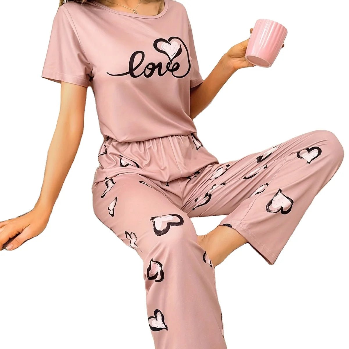 Women's Summer Home Wear Pajamas Casual Comfortable Printed Short - Sleeved Long Pants Elastic Waist - Zeprah