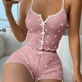 Women’s Summer Knitted Pajama Set - Bow - Detail Ribbed Cami & Sleep Shorts Set - Zeprah