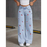 Women's Summer New Loose Cherry Embroidery Design Wide Legs Floor Length Jeans - Zeprah