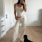 Women's Summer Ribbed Floral Print Sleeveless Knit Top with Skinny Pants Set Casual Loungewear Eco - Friendly Athleisure Outfit - Zeprah