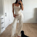 Women's Summer Ribbed Floral Print Sleeveless Knit Top with Skinny Pants Set Casual Loungewear Eco - Friendly Athleisure Outfit - Zeprah