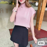 Women's Summer Semi - High Neck Top Thin Knit Outer Wear Short Loose Slim - Fit Short Sleeve T-Shirt - Zeprah