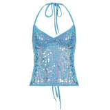 Women's Summer Short Patchwork Knitted Sexy V - Neck Sequin Lace - Up Backless Tank Top for Club & Date Night - Zeprah