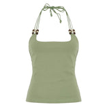 Women's Summer Short Patchwork Knitted Sexy V - Neck Sequin Lace - Up Backless Tank Top for Club & Date Night - Zeprah