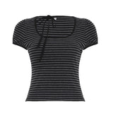 Women's Summer Vintage Basic V - Neck Knitted Pullover Sweater Short Sleeve Button Detail Striped Y2K Fashion Tee Slim Fit Casual - Zeprah