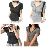 Women's Summer Vintage Basic V - Neck Knitted Pullover Sweater Short Sleeve Button Detail Striped Y2K Fashion Tee Slim Fit Casual - Zeprah