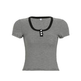 Women's Summer Vintage Basic V - Neck Knitted Pullover Sweater Short Sleeve Button Detail Striped Y2K Fashion Tee Slim Fit Casual - Zeprah