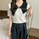 Women's Sweaters 2025 Summer New Fashionable Doll Collar Ice Silk Knitted Short Sleeved Women's T-shirt - Zeprah