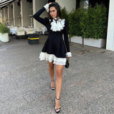 Womens Sweet Mock Two Piece Dress Two Tone Lace Trim Peplum High Neck A Line Long Sleeve Casual Dress - Zeprah