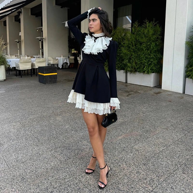 Womens Sweet Mock Two Piece Dress Two Tone Lace Trim Peplum High Neck A Line Long Sleeve Casual Dress - Zeprah