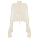 Women's Sweet Solid Woven Chiffon Blouse with Hubble - Bubble Sleeves and Lace Detail for Daily Life - Zeprah