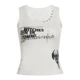 Women's Tank Top Gothic Print Patchwork Rivet Lace Front Knit V - neck Sleeveless Short Dance Casual Fashion Pullover - Zeprah