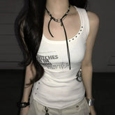 Women's Tank Top Gothic Print Patchwork Rivet Lace Front Knit V - neck Sleeveless Short Dance Casual Fashion Pullover - Zeprah