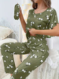 Women's Three - Piece Pajama Set Elastic Waist Full Print Milk Silk Short Sleeve Long Pants Neck - Zeprah