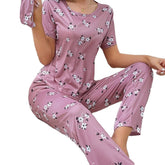Women's Three - Piece Pajama Set Elastic Waist Full Print Milk Silk Short Sleeve Long Pants Neck - Zeprah