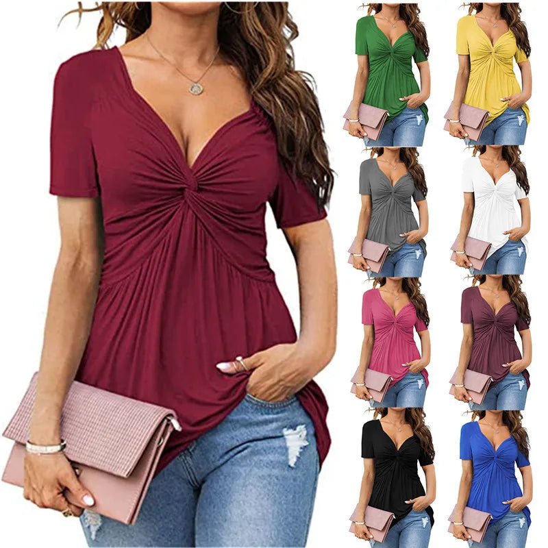 Women's V - Neck Front Twist Short Sleeve Elegant Casual Blouse Solid Color Plain Dyed Summer Breathable Polyester - Zeprah