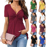 Women's V - Neck Front Twist Short Sleeve Elegant Casual Blouse Solid Color Plain Dyed Summer Breathable Polyester - Zeprah