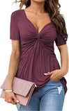 Women's V - Neck Front Twist Short Sleeve Elegant Casual Blouse Solid Color Plain Dyed Summer Breathable Polyester - Zeprah