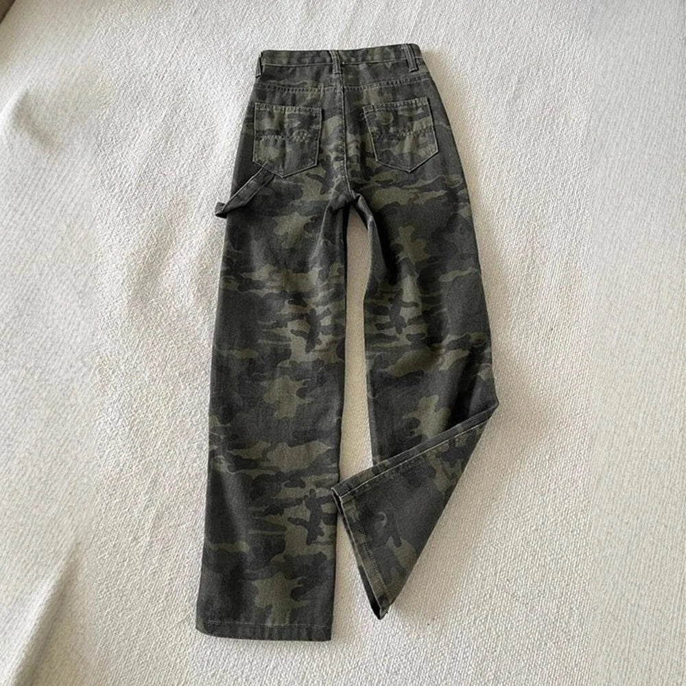 Women's Vintage American Camo Slim - Fit Wide - Leg Jeans High - Street Cool Girl Loose Casual Straight Pants - Zeprah