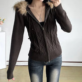 Women's Vintage Windproof Knit Cardigan Fall Winter Y2K Brown Patchwork Zipper Hoodie Warm Jacket Wholesale - Zeprah