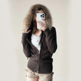 Women's Vintage Windproof Knit Cardigan Fall Winter Y2K Brown Patchwork Zipper Hoodie Warm Jacket Wholesale - Zeprah