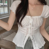 Women's White Lace Breathable Patchwork Sweet Knitted Blouse Square Neck Short Sleeve Tank Tops Ribbons Elegant Dating - Zeprah