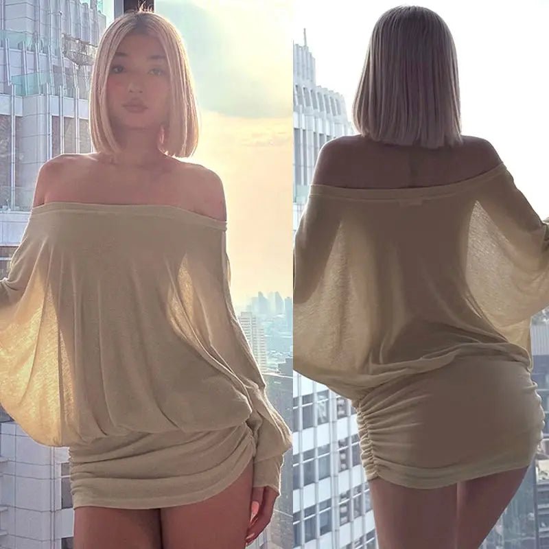 Women's White Mini Dress Shoulder Sleeves Loose Fit Eco - Friendly Knitting Fabric Sexy Club Style for Daily Use - Zeprah