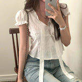 Women's White Puff Sleeve T-Shirt with Lace - Up V - Neck, Soft Cute Casual Blouse for Girls - Zeprah