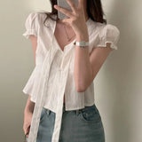 Women's White Puff Sleeve T-Shirt with Lace - Up V - Neck, Soft Cute Casual Blouse for Girls - Zeprah