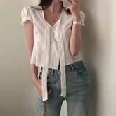 Women's White Puff Sleeve T-Shirt with Lace - Up V - Neck, Soft Cute Casual Blouse for Girls - Zeprah