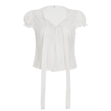 Women's White Puff Sleeve T-Shirt with Lace - Up V - Neck, Soft Cute Casual Blouse for Girls - Zeprah