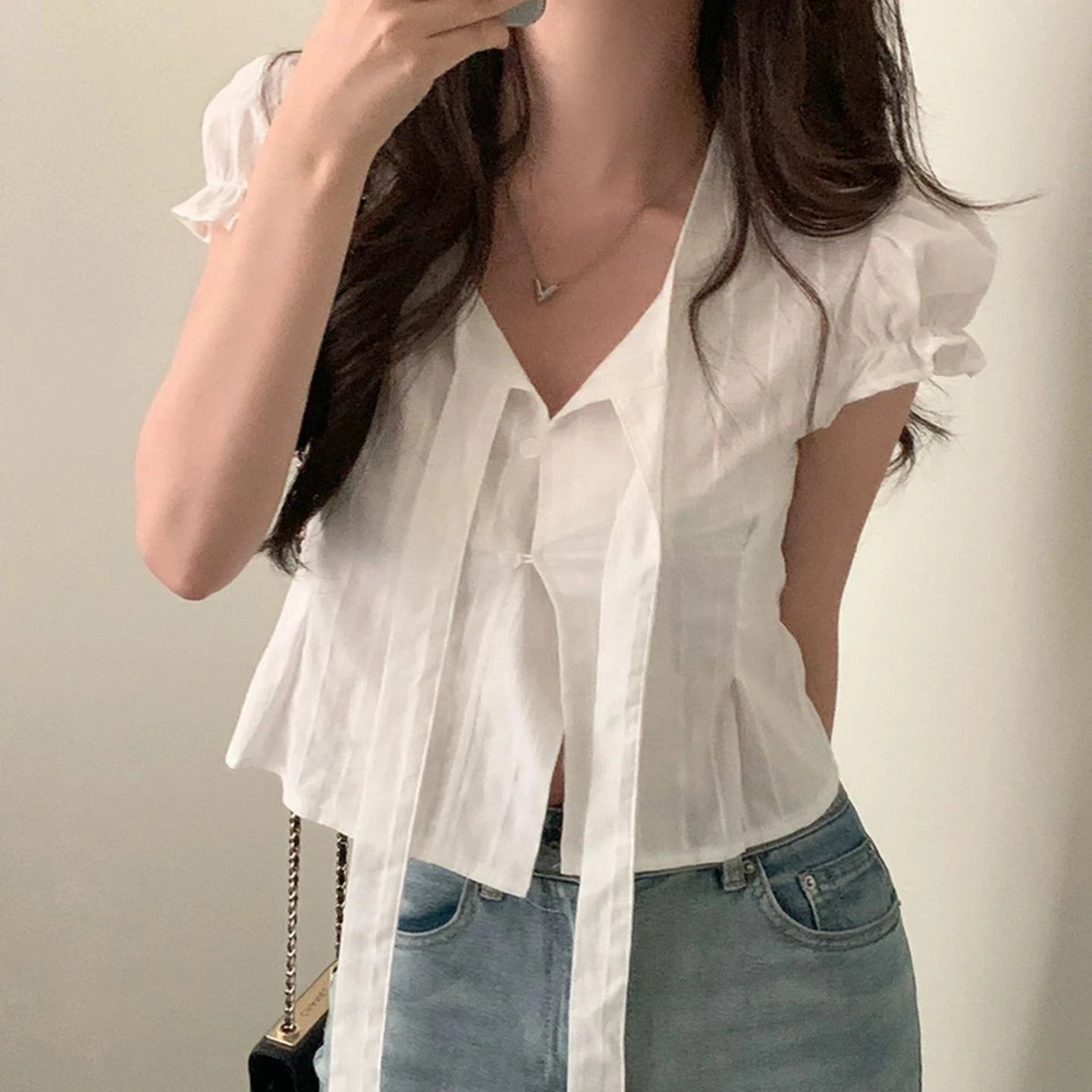 Women's White Puff Sleeve T-Shirt with Lace - Up V - Neck, Soft Cute Casual Blouse for Girls - Zeprah