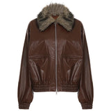 Women's Winter Blouson Loose Fit PU Jacket Contoured Waist Turn - down Collar Eco - Friendly Windproof Long Sleeve Zip Front - Zeprah