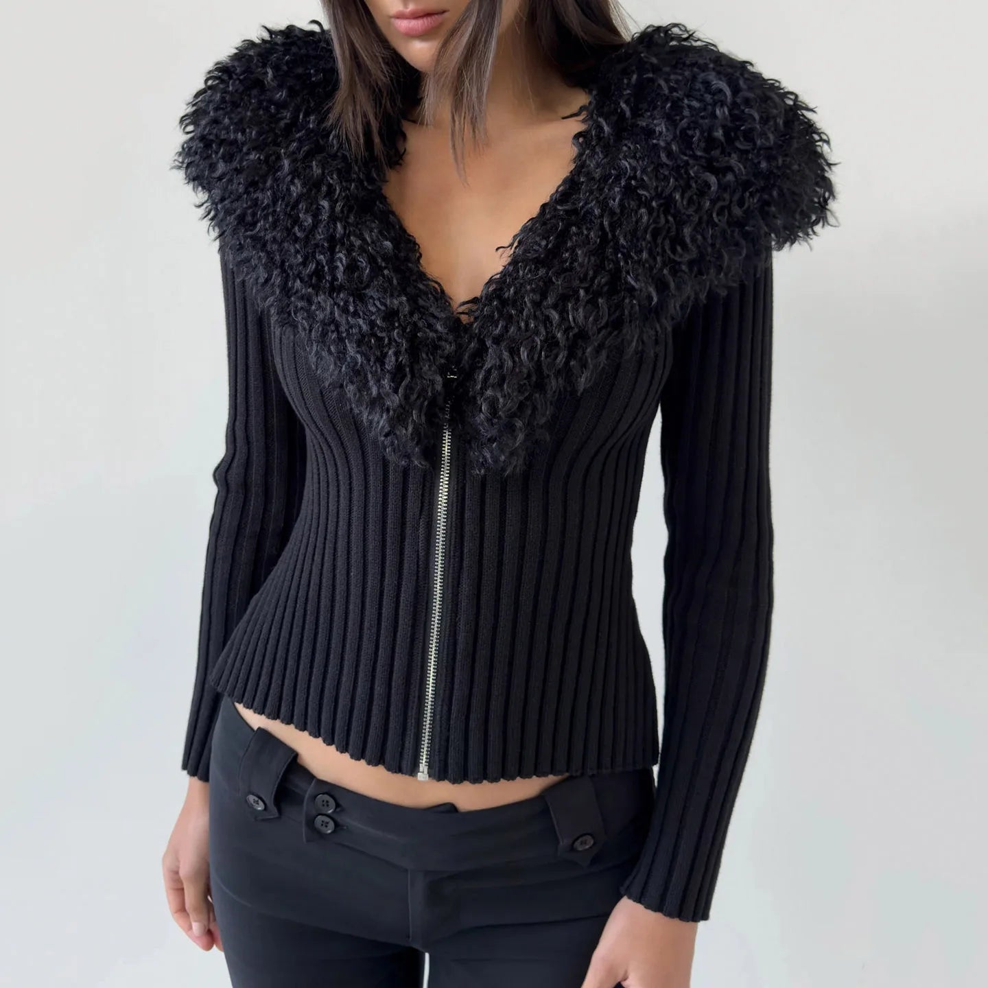 Women's Winter Casual Crocheted Knit Sweater with V - neck Collar Zipper Front Long Sleeves Soft Ties 100% Polyester - Zeprah