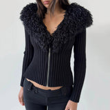 Women's Winter Casual Crocheted Knit Sweater with V - neck Collar Zipper Front Long Sleeves Soft Ties 100% Polyester - Zeprah