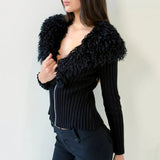 Women's Winter Casual Crocheted Knit Sweater with V - neck Collar Zipper Front Long Sleeves Soft Ties 100% Polyester - Zeprah