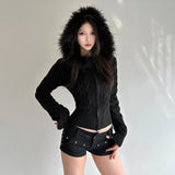 Women's Winter Casual Solid Color Eco - Friendly Viscose Spliced Plush Cable Knit Hooded Zip Cardigan Fitted Long Sleeve Factory - Zeprah