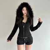 Women's Winter Casual Solid Color Eco - Friendly Viscose Spliced Plush Cable Knit Hooded Zip Cardigan Fitted Long Sleeve Factory - Zeprah