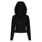 Women's Winter Casual Solid Color Eco - Friendly Viscose Spliced Plush Cable Knit Hooded Zip Cardigan Fitted Long Sleeve Factory - Zeprah